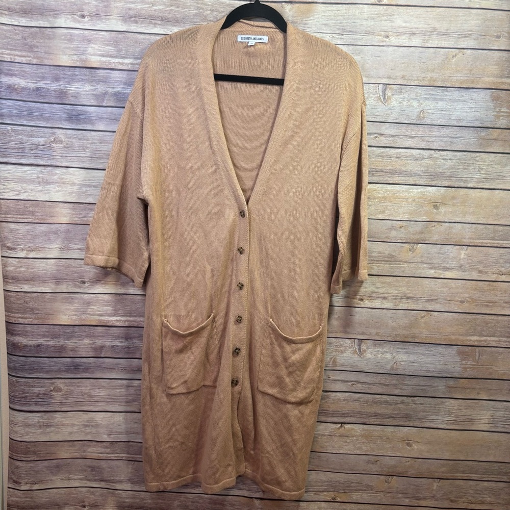 Elizabeth and James Long Duster Button Front Cardigan with Pockets in Camel M